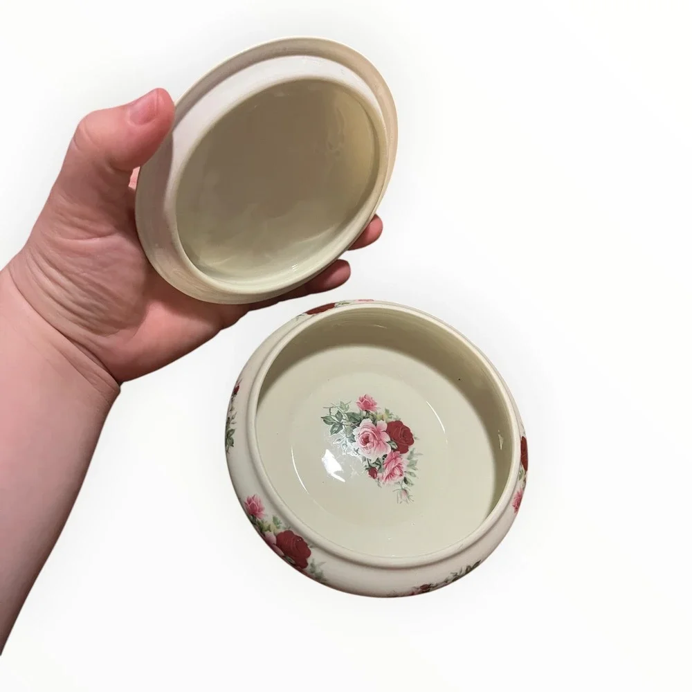 Formalities by Baum Bros Porcelain Rose Trinket Box Round Floral Jewelry Dish